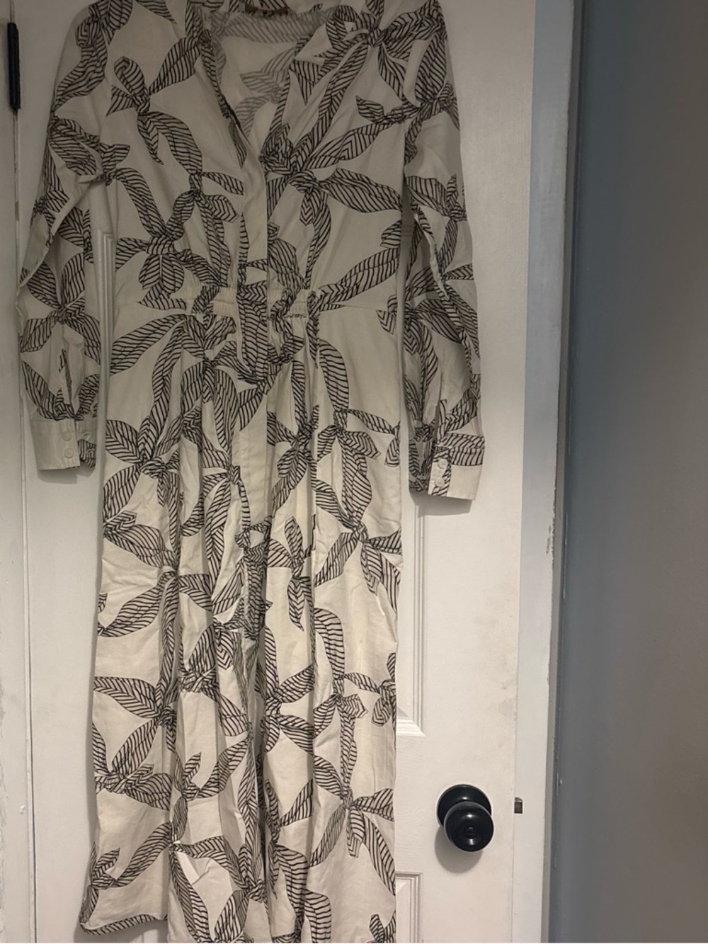 LOFT Cream Maxi Shirt Dress with Black Leaf Motif